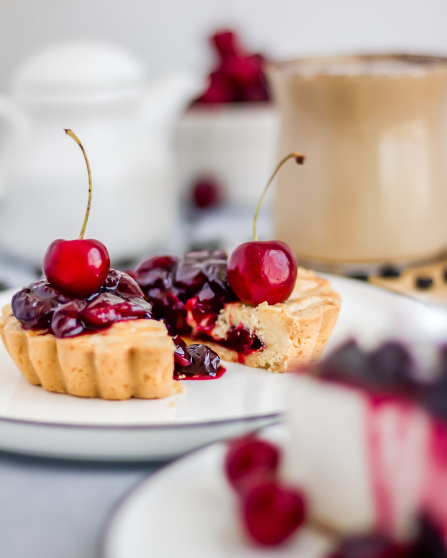 Cherry cheesecake topped with whole cherries