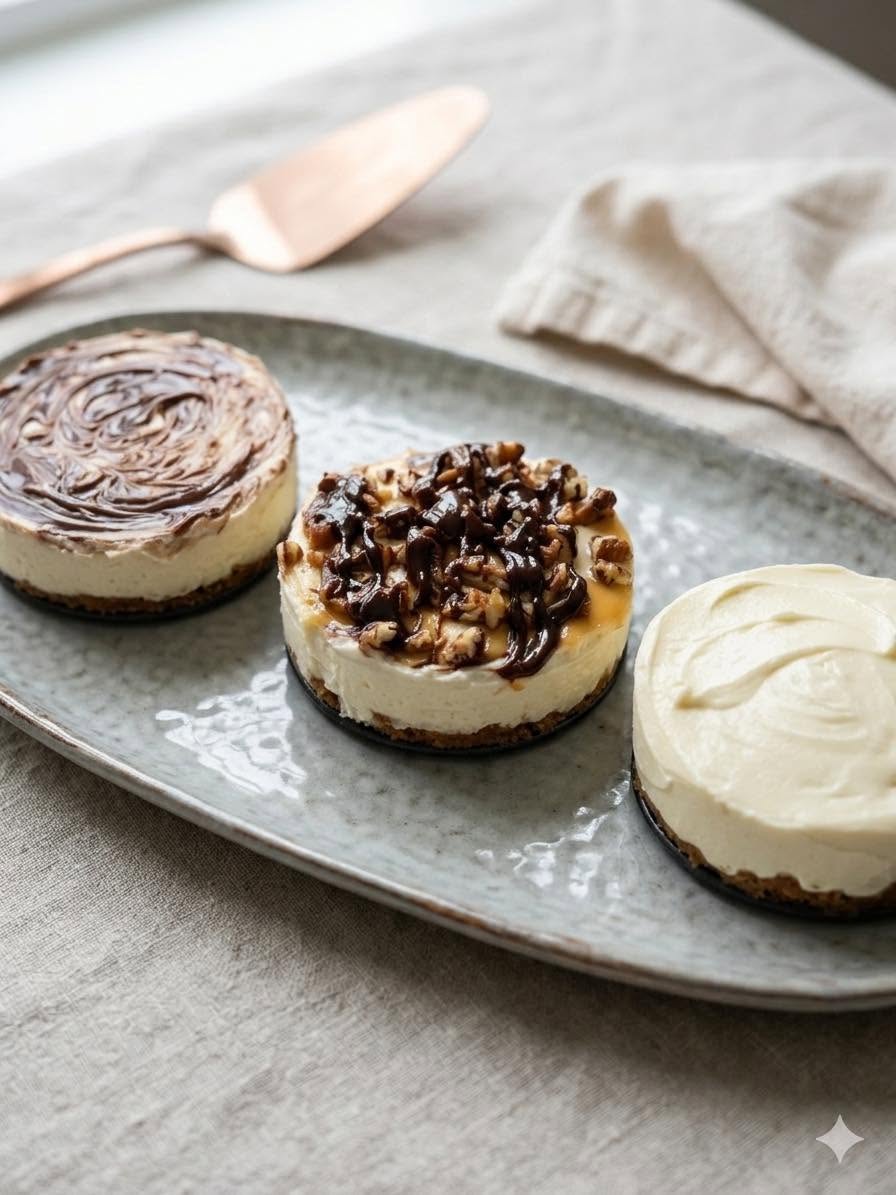 A trio of handmade no-bake cheesecakes